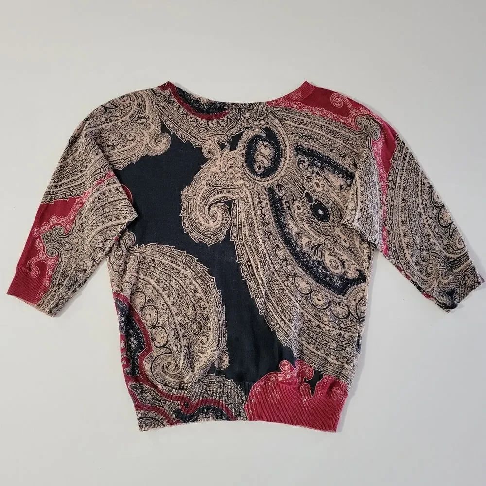 Chaps Women's Elbow Length Paisley Black Tan Red Pullover Sweater